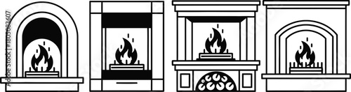 Various fireplace icons with burning flames for home warmth