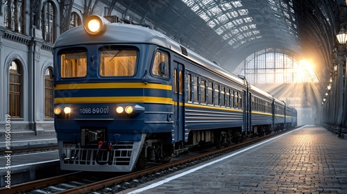 Passenger train at station platform with sunset light