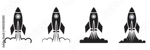 Stylized black rocket launch icons with various smoke trail designs, perfect for symbolizing startup, innovation, progress, and success. Vector