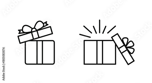 Simple line art illustration depicting two gift boxes one closed and one open