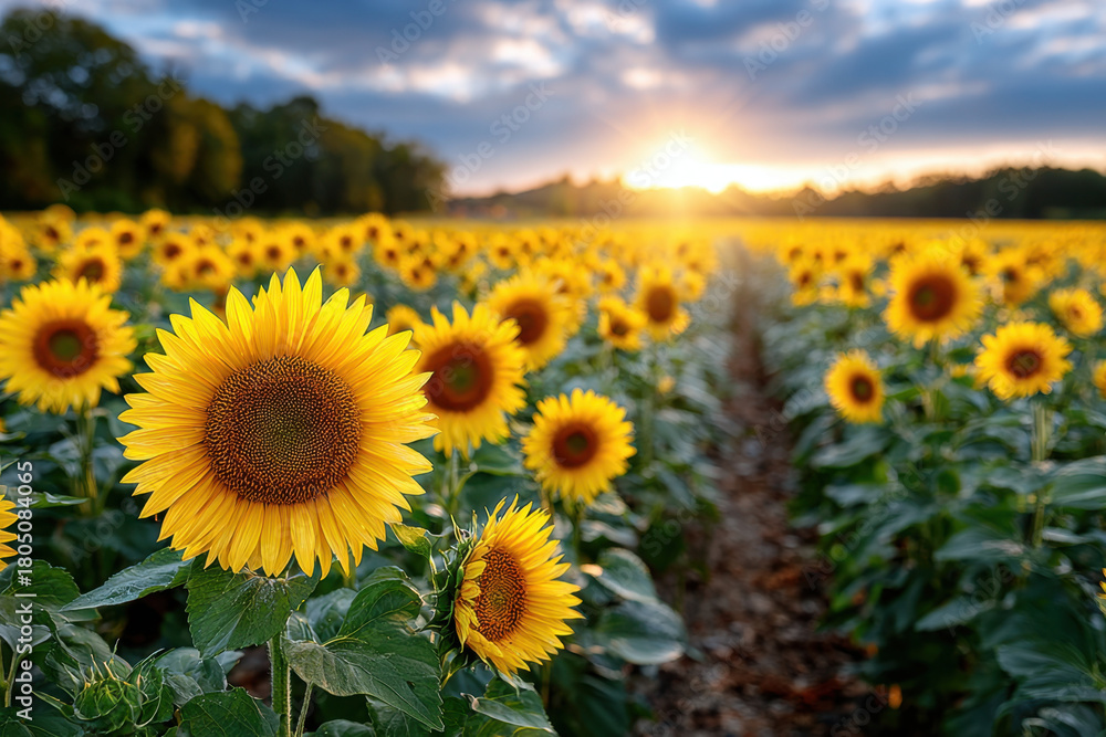 Fototapeta premium Sunflowers at Sunset in a Vast Field