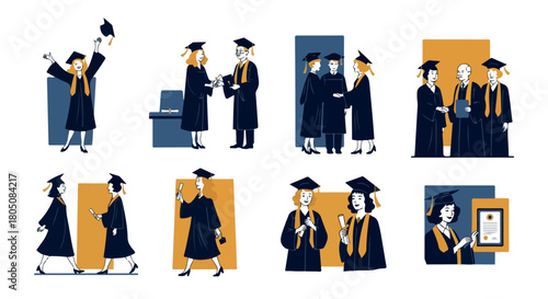 Graduation ceremony scenes with students and faculty