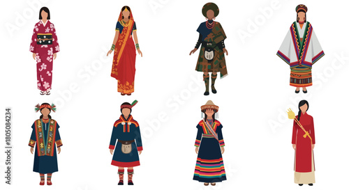 Traditional female costumes from various cultures