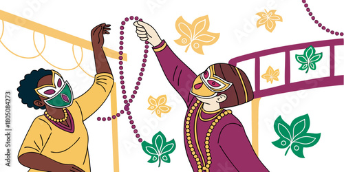 “Mardi Gras New Orleans with masks and beads, festive vector”
