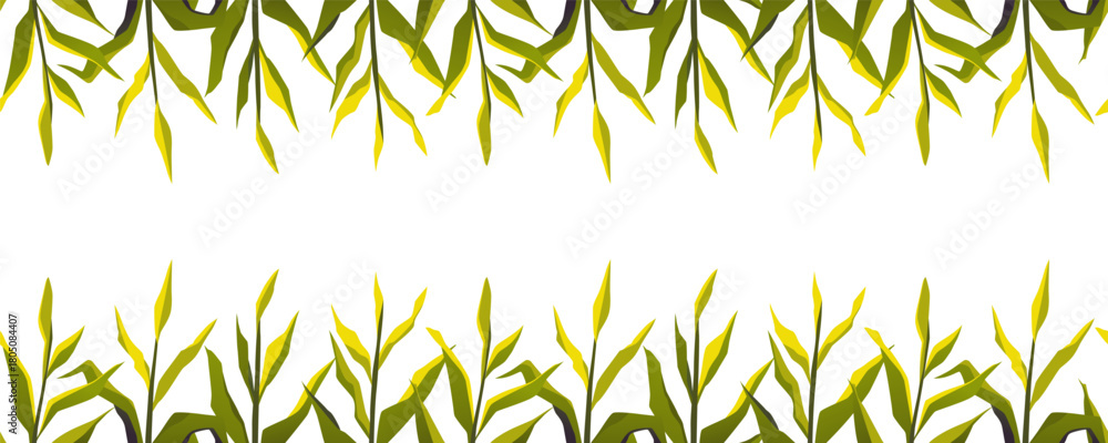 Naklejka premium Corn field vector flat frame design, cartoon corn grows, high green maize plant stem, farm agricultural seamless border