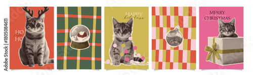 Cute set with funny Christmas posters with cute cats in antlers, string lights and gift box, vintage halftone collage style holiday greeting cards. Vector retro design with dopamine patterns.