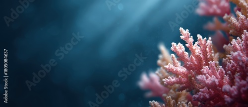 Fototapeta Naklejka Na Ścianę i Meble -  445. coral reef underwater with balanced colors, editorial style, golden hour tone, clean background for typography, generic props only