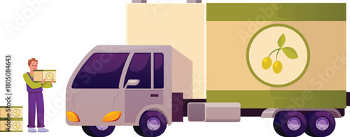 A uniformed worker loads crates of olive oil onto a truck.