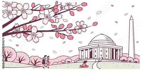 Cherry Blossom Festival D.C. Vector – Pastel Monuments Scene Design for Spring, Culture, and Lifestyle Graphics