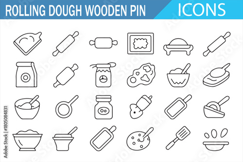 Rolling Dough Wooden Pin and Baking Line Icons Collection Featuring Rolling Pins, Flour Bags, Jars, Whisks, Bowls, Pastries, Cookies, Dough Tools, and Kitchen Ingredients in Minimal Thin Outline Style
