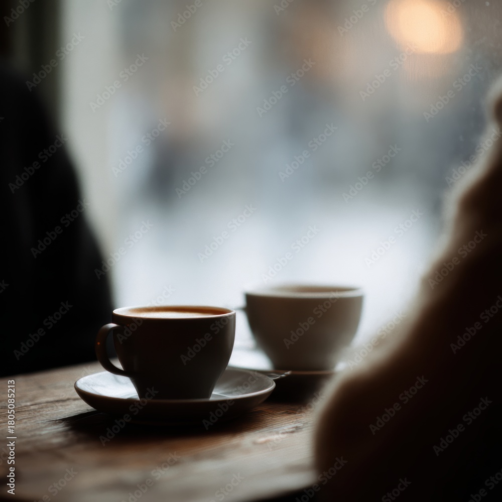 Fototapeta premium 451. friends enjoying coffee in a cozy cafe, editorial style, natural window light, minimal composition, generic props only