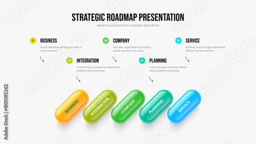 Financial Visualization 5 Option Diagram Slide Design. Marketing Proposal Five Element Infographic Slideshow Template. Company Briefing Presentation Layout Vector Illustration.