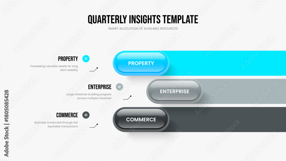 Fototapeta premium Market Report Presentation Layout Vector Illustration. Enterprise Portfolio Three Element Diagram Slide Design. Investor Launch 3 Step Infographic Slideshow Template.