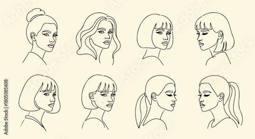 Woman faces outline style portraits collection