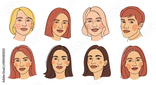 Diverse faces with short hair in outline style