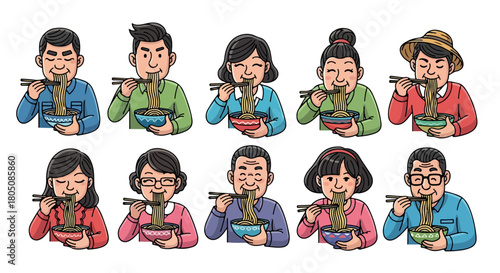 Diverse people eating noodles with chopsticks