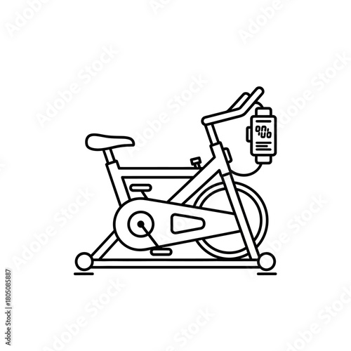 Black and White Line Art Illustration of a Stationary Exercise Bike with Monitor.