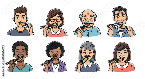 Diverse people eating with chopsticks