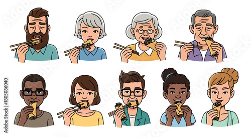 Diverse people eating noodles with chopsticks