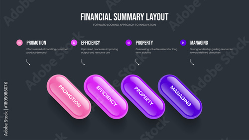 Modern Launch Slide Design Vector Illustration. Corporate Showcase Four Element Infographic Presentation Template. Enterprise Strategy 4 Option Diagram Frame Layout.