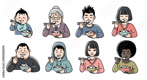 People eating rice with chopsticks diverse group