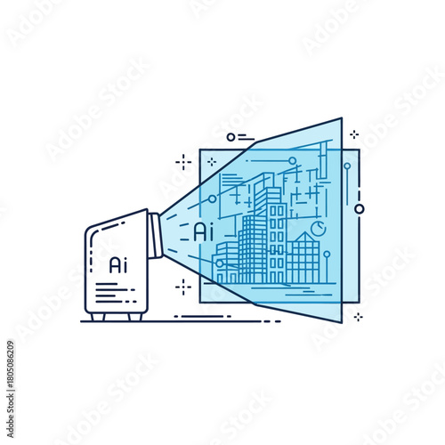 Futuristic AI projector creating a holographic blueprint of a smart city with thin line art.
