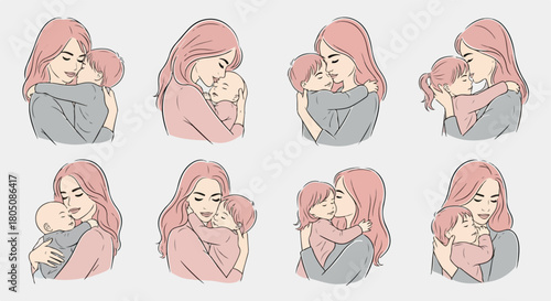 Mother and child hugs moments in various poses