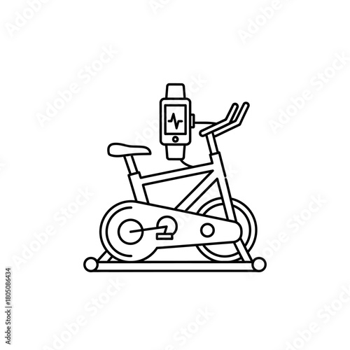 Line art illustration of a stationary exercise bike with a smartwatch displaying a heart rate monitor, fitness equipment.