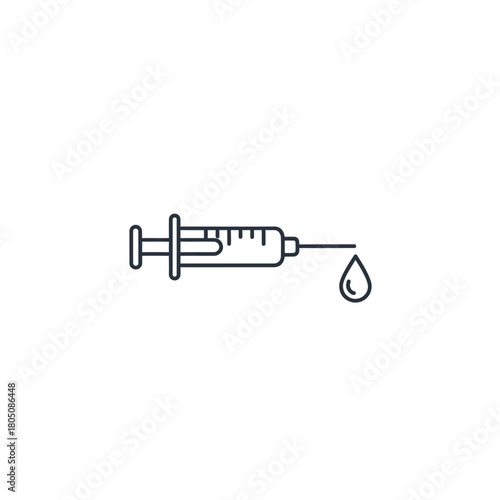 Minimalist black line art icon of a medical syringe with a single droplet of liquid.