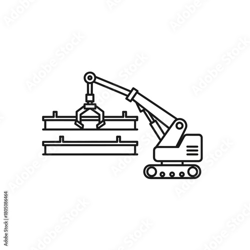 Line art tracked crane with claw attachment lifting rectangular beams, industrial construction machinery icon.