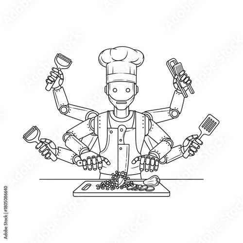 Multi-Armed Robot Chef Chopping Vegetables with Utensils, Wearing Chefs Hat and Apron.