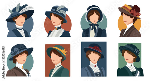 Vintage women portraits in hats with different styles