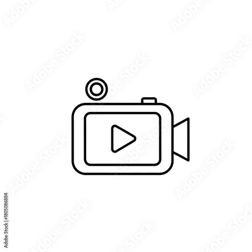 Simple Line Art Icon of a Modern Video Camera with Play Button.