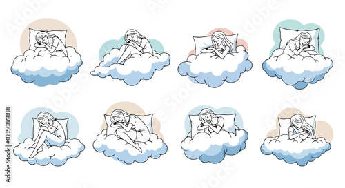 Sleeping positions on clouds outline style