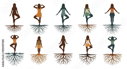 Yoga poses with roots symbolizing grounding and balance