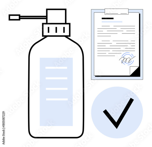 Dispensed hand sanitizer bottle, signed clipboard document, checkmark. Ideal for hygiene, compliance, safety, certification, approval workplace health cleanliness. Simple flat metaphor