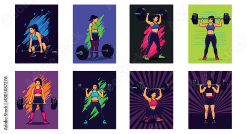 Women weightlifting fitness workout set colorful backgrounds