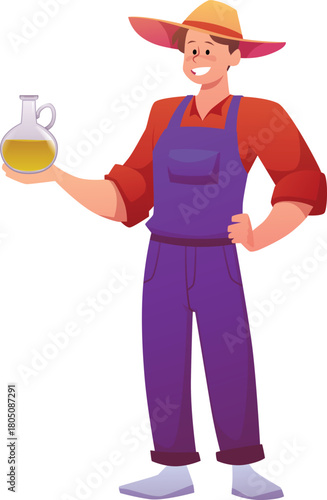 Man farmer holding glass jar with olive oil, olive fruit extra virgin farm product, vector organic cooking ingredient