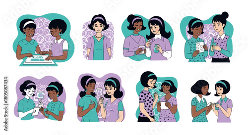 Women friendship moments in retro style