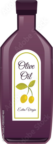 Glass bottle of olive oil with a closed lid and label.