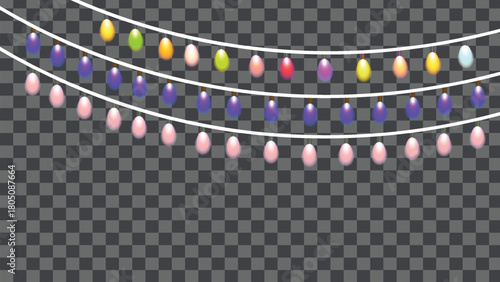 Colorful festive string lights hanging on a transparent background, ideal for vibrant celebrations, decoration