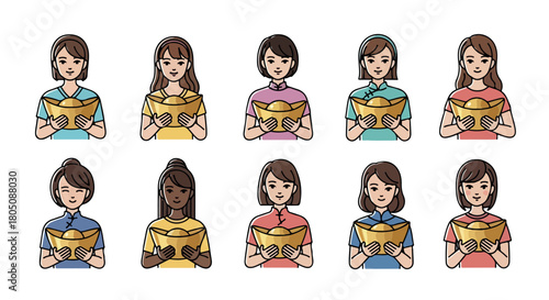 Diverse women holding golden envelopes with transparent background