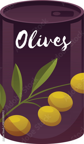 Green olives fruit in dark tin can, olive crop farm product, vector organic vegetarian food, Mediterranean ingredient