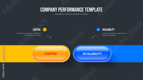 Business Performance Two Option Infographic Slide Template. Financial Campaign 2 Step Diagram Presentation Layout. Marketing Overview Slideshow Design Vector Illustration.