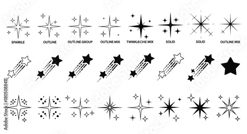 Collection of hand drawn starbursts and shooting stars in black and white vector graphics