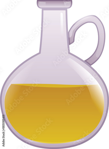 Glass round jug with handle and olive oil, organic product.