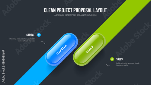 Market Plan Two Step Diagram Slide Template. Sales Introduction Presentation Design Vector Illustration. Enterprise Performance 2 Element Infographic Frame Layout.