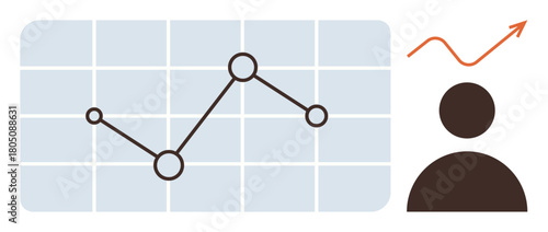 Graph with connected data points over grid and upward arrow above person silhouette suggesting growth. Ideal for analytics, statistics, business growth, career advancement, success, forecasting