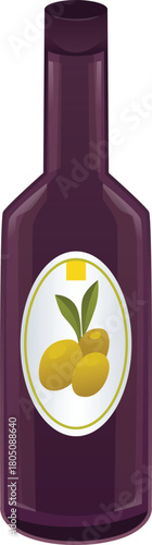 Olive oil in dark glass bottle with label with green olive fruits, olive fruit virgin farm product, vector organic food