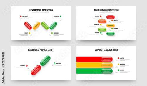 Company Visualization Four Five Two Three Option Diagram Slideshow Design Vector Illustration Bundle. Advertising Strategy 4 5 2 3 Element Infographic Frame Template Collection.